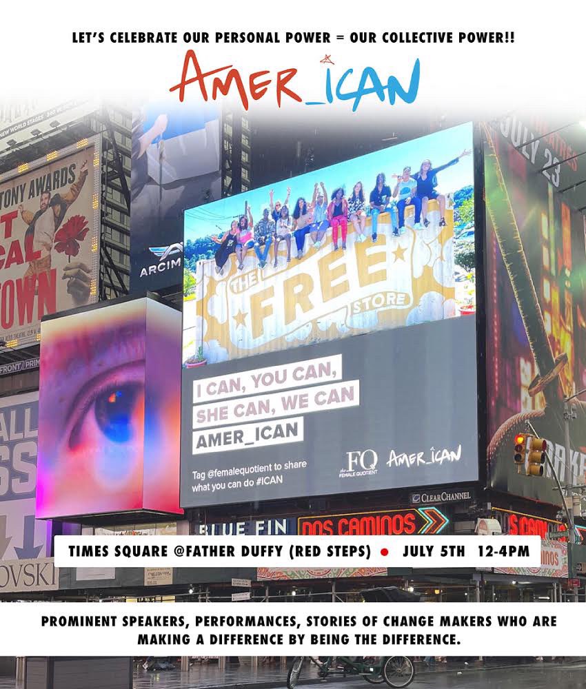 femalequotient's tweet photo. Join us today with @amer_icanican in Times Square where we’re celebrating our personal and collective power. Tag @femalequotient with what you can do for your community for a chance to win an item from the FQ Collection! #ICAN https://t.co/DyXmjHBjGZ