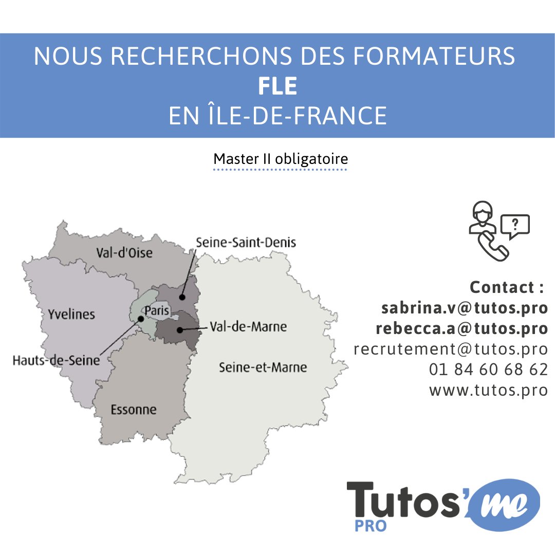 Bonjour,
Nous recherchons des formateurs H/F FLE avec un Master II. 
👉 recrutement@tutos.pro
#offreemploi #formpro #formationprofessionelle #Formateur #FLE