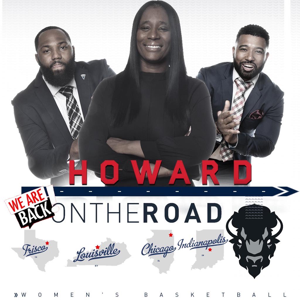 Howard_WBB's tweet photo. We’re back outside‼️😎 Catch Head Coach @Coachtygrace , Associate Head Coach @CoachDavisHU and Assistant Coach @DonnieStith at a court near YOU👈🏾🙌🏾✊🏾 #futureBISON 💙❤️ https://t.co/GzFVKPk0bb