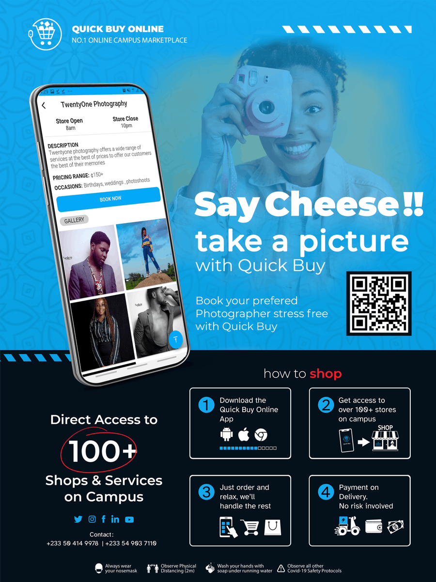 KNUST_Live's tweet photo. #Ad 

Say cheese, take a picture, strike a pose and take a picture with @quickbuy_online.

Book your preferred photographers stress-free with @quickbuy_online. 

Download the app on playstore &amp; App Store; https://t.co/xlQuOzA9Dc

#MadeInKNUST #startup #quickbuyonline #knust https://t.co/iv4BvNQgoz