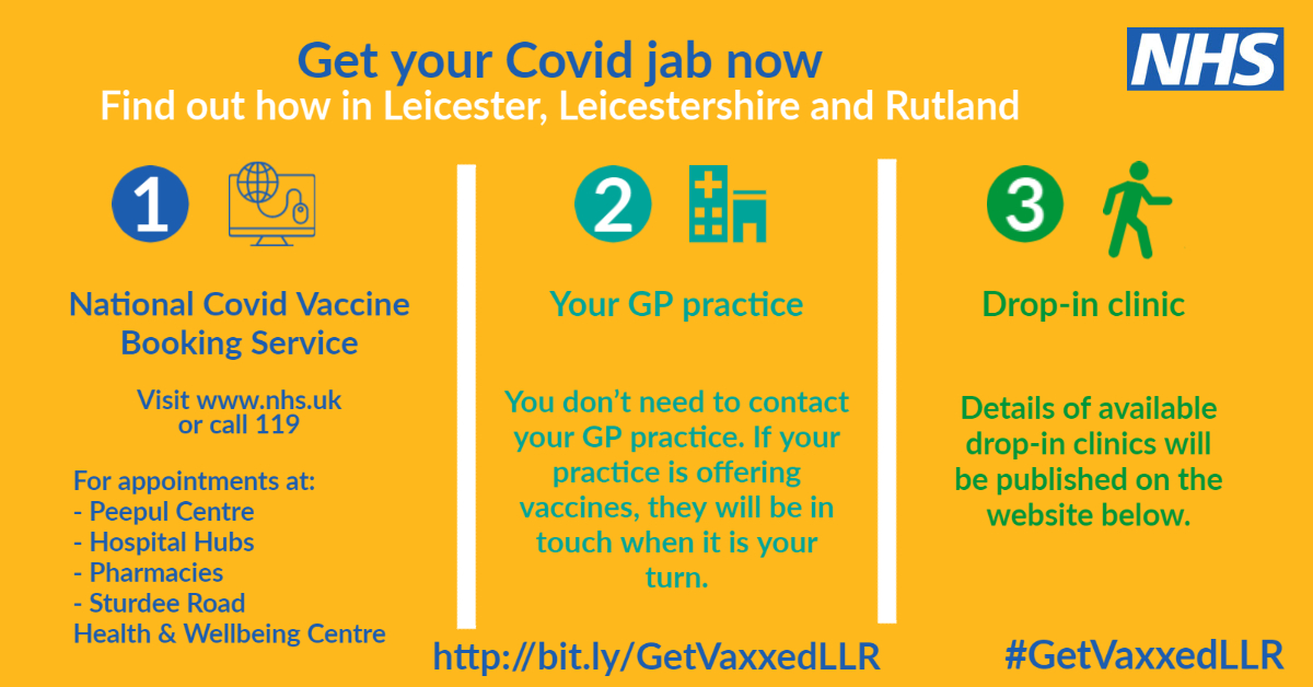 NHS_LLR's tweet image. Get the covid jab now, so we can get back to what we  enjoy. If you've not yet been vaccinated or are due for your second dose  and you're in Leicester, Leicestershire or Rutland get your jab before 19th July. Find a clinic near you at  bit.ly/GetVaxxedLLR  
#GetVaxxedLLR