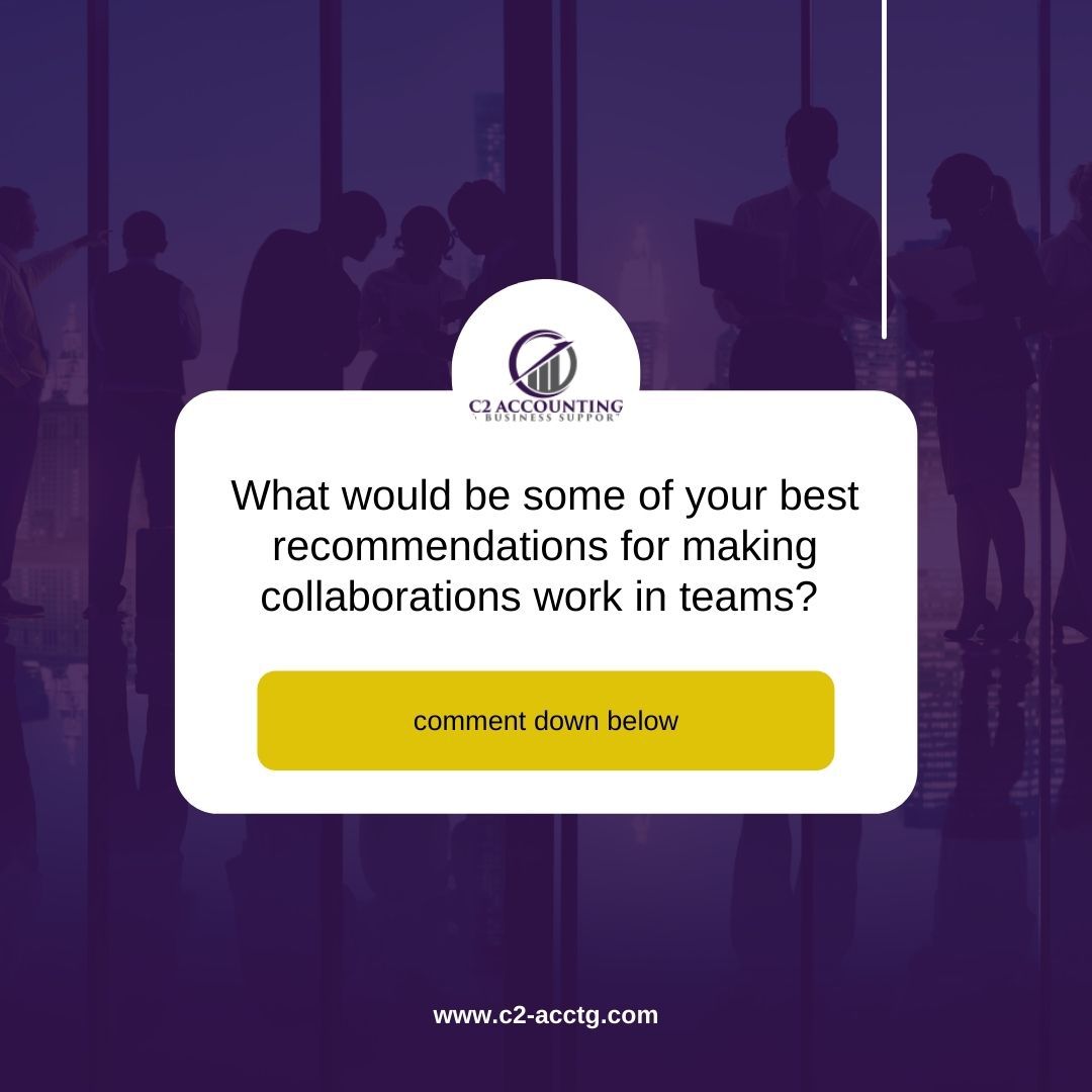 Collaborations are essential for businesses success.

Collaborators provide feedback, ideas, and new perspectives that help companies grow into something unique.

#businesslife
#accountinglife
#accountingfirm
#financialaccounting
#c2accounting
#smallbusiness