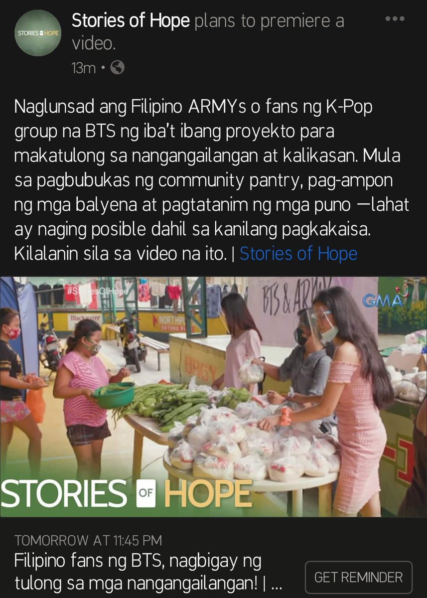 For those who missed the chance to watch the documentary about #BTS and #BTSARMY on GMA Network's #StoriesOfHope 

They will premiere it tomorrow on Facebook @ 11:45 PM 

Link: facebook.com/11082260772983…

Click "⭐  Get Reminder" to get notified when we go LIVE!