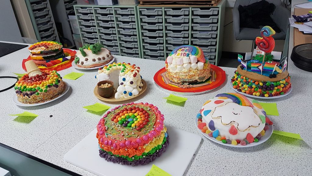 TheWeald's tweet photo. Students in Year 7 & 8 did a fantastic job at creating some beautifully colourful cakes for our Great Rainbow Bake Off last week to support Pride and the LGBTQ+ community. Well done all.
#proudoftheweald #pride #rainbowcakes https://t.co/cOc7YGLsng