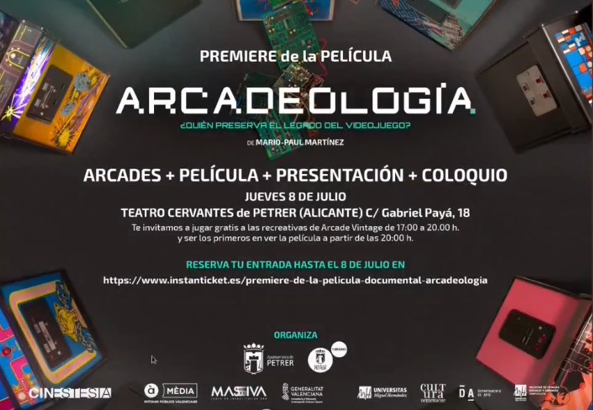 Arcade_Vintage's tweet photo. #MuseoArcadeVintage - El próximo jueves 8 de Julio, a partir de las 20:00 horas en el Teatro Cervantes de Petrer, se va a llevar a cabo la premiere del documental #Arcadeologia. Si queréis asistir y participar en este evento pásate por el siguiente link:  https://t.co/CirrddH0d3 https://t.co/NaDWuxgQ4k