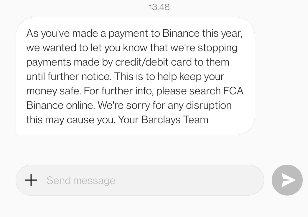 TechtuityLtd's tweet photo. @Barclays  in the UK wants to keep your money safe 😂. They didnt stop online gambling, but @binance is bad?

#Bitcoin #crytocurrency https://t.co/Zagq04ru4W