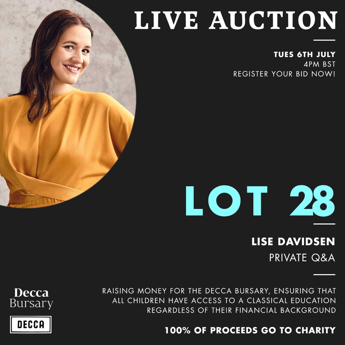 Excited to announce that I have donated a private online Q&amp;A to help raise funds for The Decca Bursary, whose mission is to help children afford a classical music education regardless of their financial background.

You can register your bid now at LiseDavidsen.lnk.to/Auction2021So