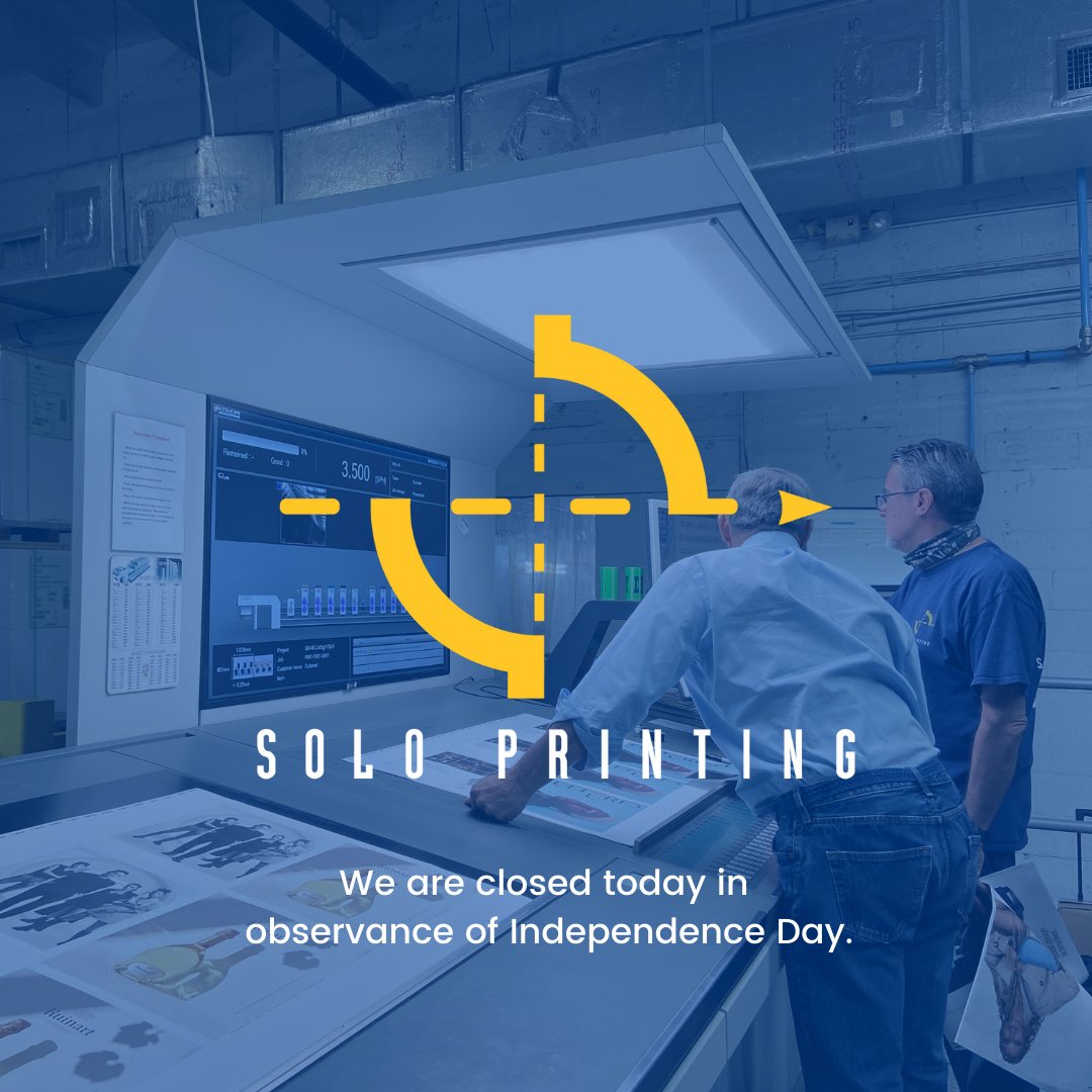 Solo Printing will be closed today in observance of Independence Day. ⭐ 

We wish all of our employees and customers a happy Fourth of July weekend! We're excited to work with you again on Tuesday. 👋 #printing #independenceday