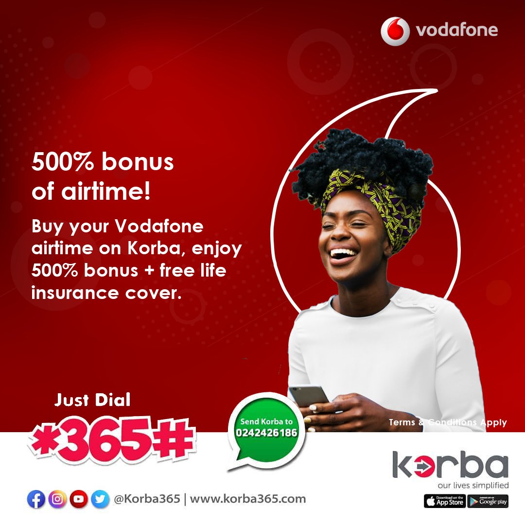 Korba365's tweet photo. Spend hours talking to a loved one about anything with so much bonus on your Vodafone airtime.
#fintechs #korbacare #airtime #vodafone #viral #Ghana https://t.co/byMCnm1RzN