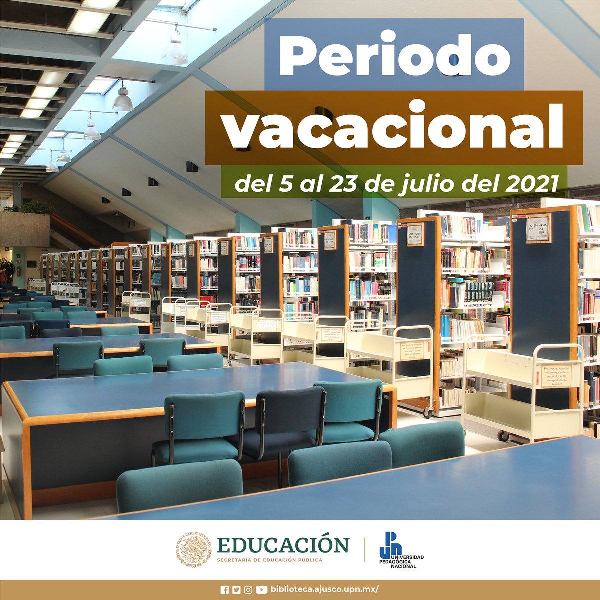 bibliogtq's tweet photo. Estimado(a) usuario(a):

Durante el periodo vacacional, comprendido entre el 5 y el 23 de julio del 2021, nuestros servicios estarán suspendidos.

Conoce más en: https://t.co/fSTFhRCUYd

#SomosTuBiblio #BiblioGTQ #UPNmx #EducarParaTransformar https://t.co/Rd7PCpguPd