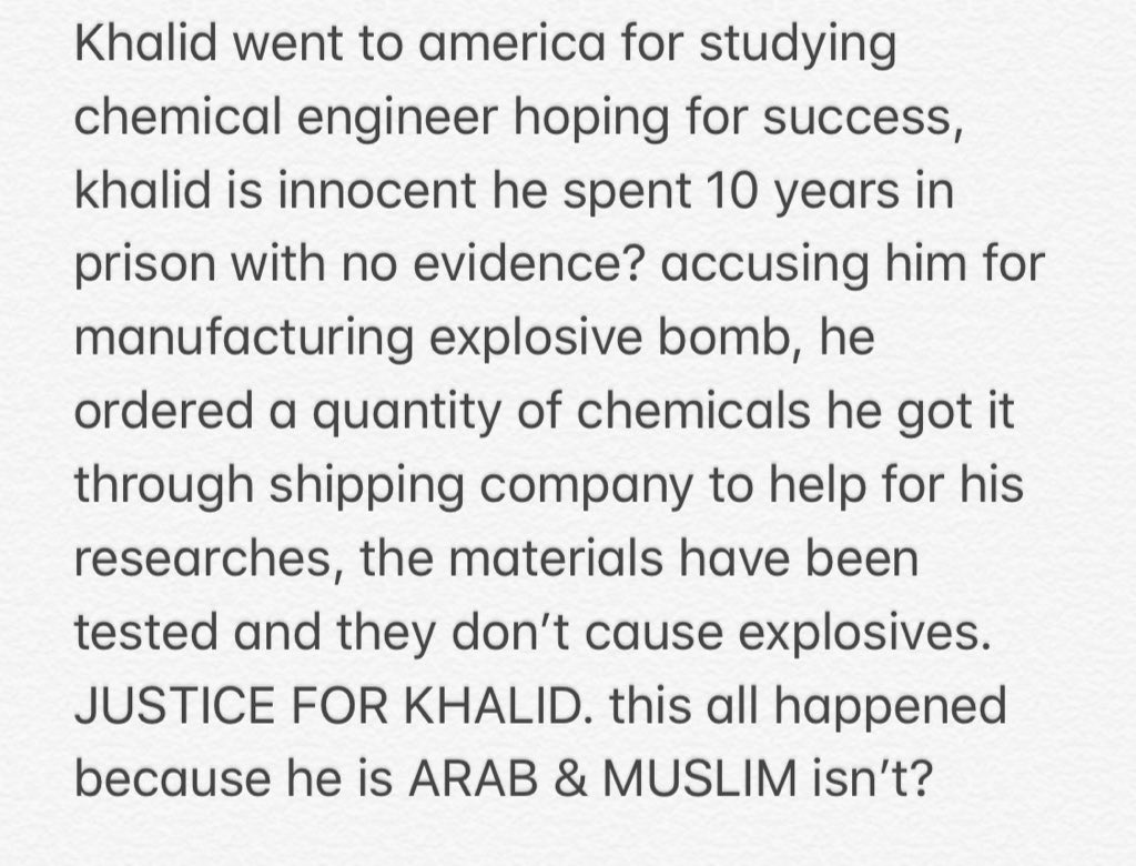 justice4khaledd's tweet photo. @SPQRIUS @TwitterSupport This is not spam!
If you don’t know about khaled’s story then you should know how unfair is ur country judgement Read the photo, well while cameron herrin killed a mom and her daughter gets only 24 years prison! Khaled is innocent gets sentenced to life in prison!! Wow this’s usa https://t.co/GPoSwyf0hb