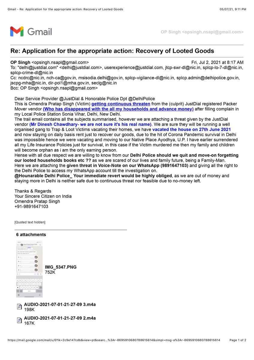 opsingh001's tweet image. @jd_justdial Bad elements are actively looting people by using #JustDial on the name of #Packer_Mover and inspite of continuous followup #JustDial is not supporting to their consumer #bycottJustDial 
Don&apos;t use #JustDial for any service specially #Packer_Mover