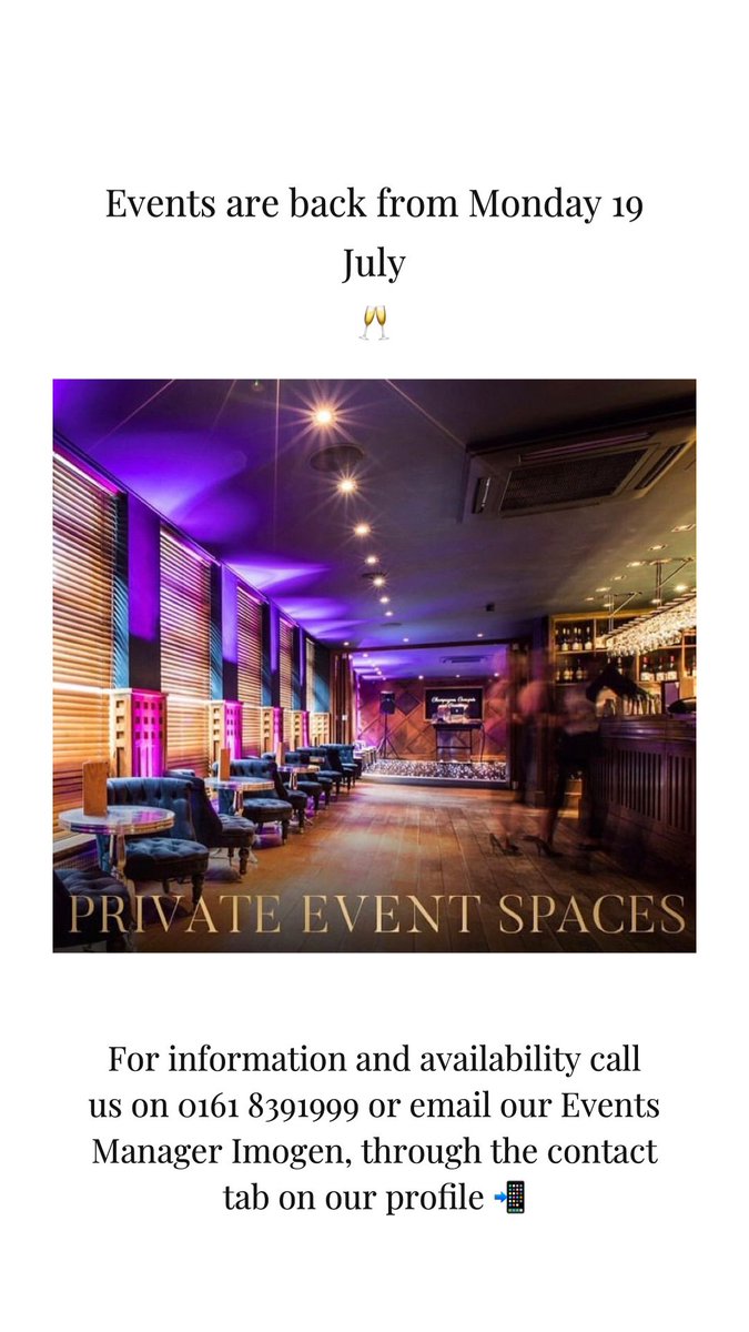Events are back 🥂 for all corporate and private events email Imogen at Imogen.Arnup@therestaurantbarandgrill.com or call us on 0161 8391999
