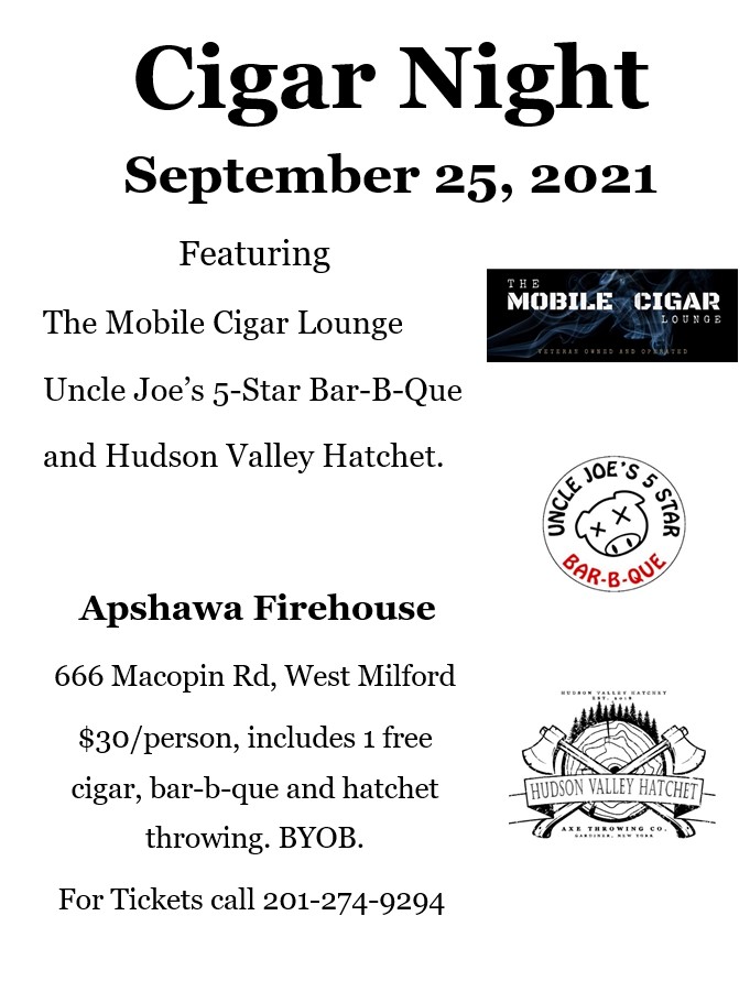 avfcaux's tweet photo. Cigar Night 9/25/2021 Tix $30.00/person Call 201-274-9294 #cigars #mobilecigarlounge #unclejoes5starbarbque #hudsonvelleyhatchet #fundraiser #avfc #apshawa https://t.co/JA52AZyuVV