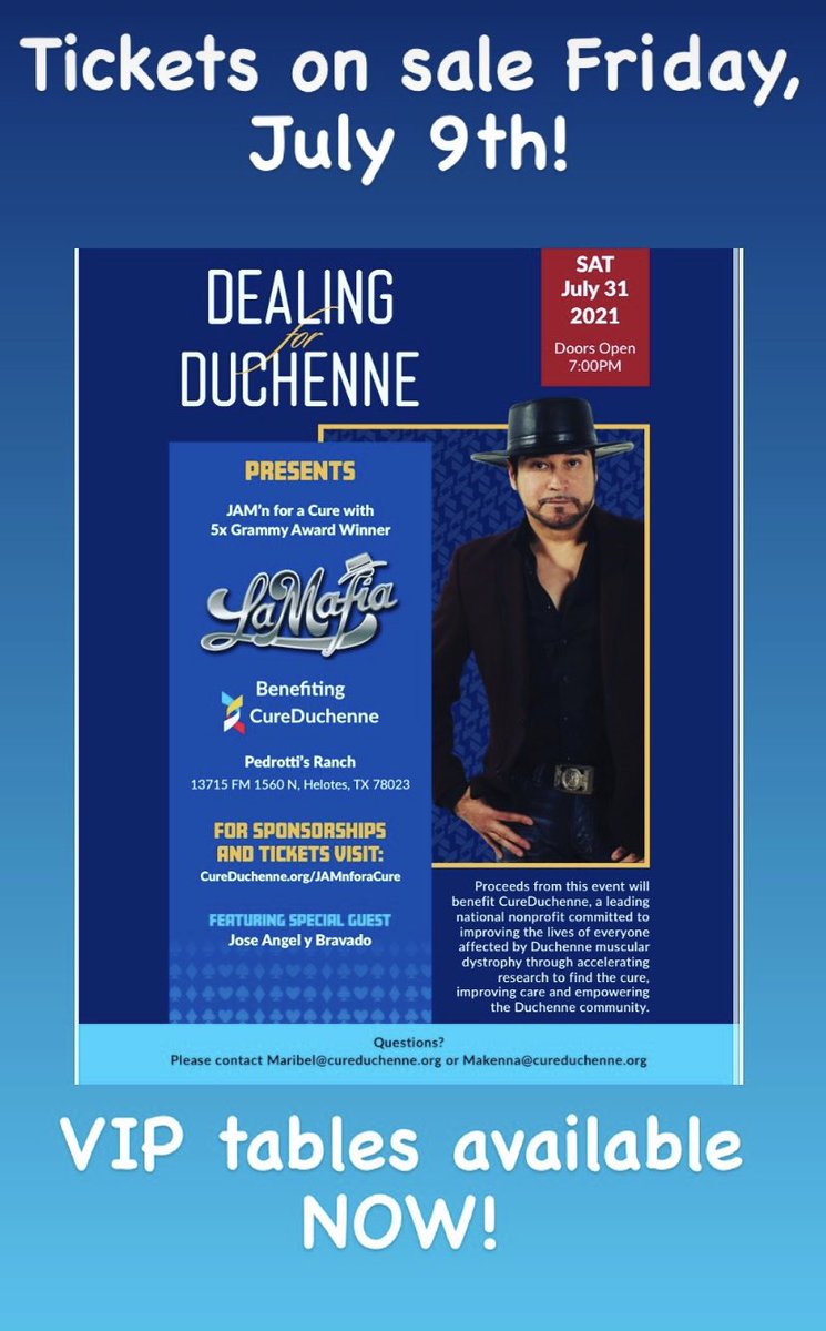 Tickets on sale Friday, July 9th!  Grateful for the support of <a href="/lamafia/">La Mafia</a> in helping us raise awarensss and funds to find a cure for Duchenne muscular dystrophy!  Together we will Cure Duchenne!  VIP tickets available now!  CureDuchenne.org/JAMnforacure