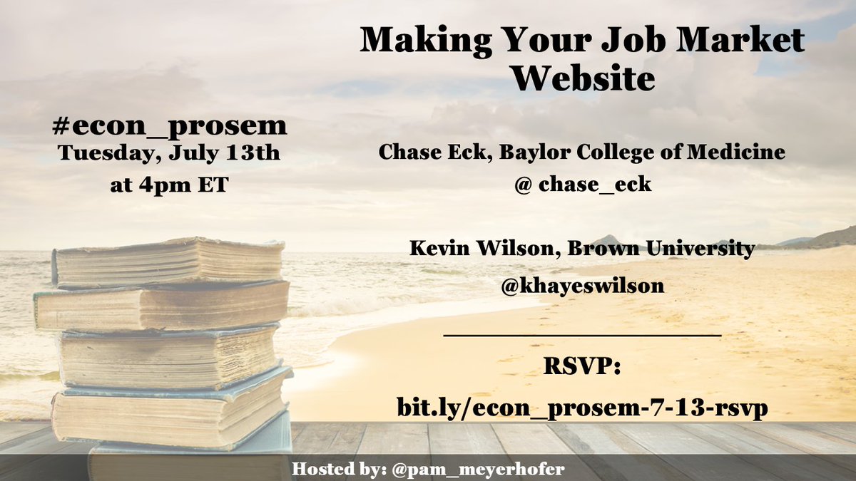 #EconTwitter, struggling with your job market website?

Check out hollina.github.io/make-a-job-mar… and youtube.com/watch?v=RF9kx8…

Then, bring your questions for @chase__eck and <a href="/khayeswilson/">Kevin H Wilson</a> at the next #econ_prosem on 7/13.

RSVP: bit.ly/econ_prosem-7-…