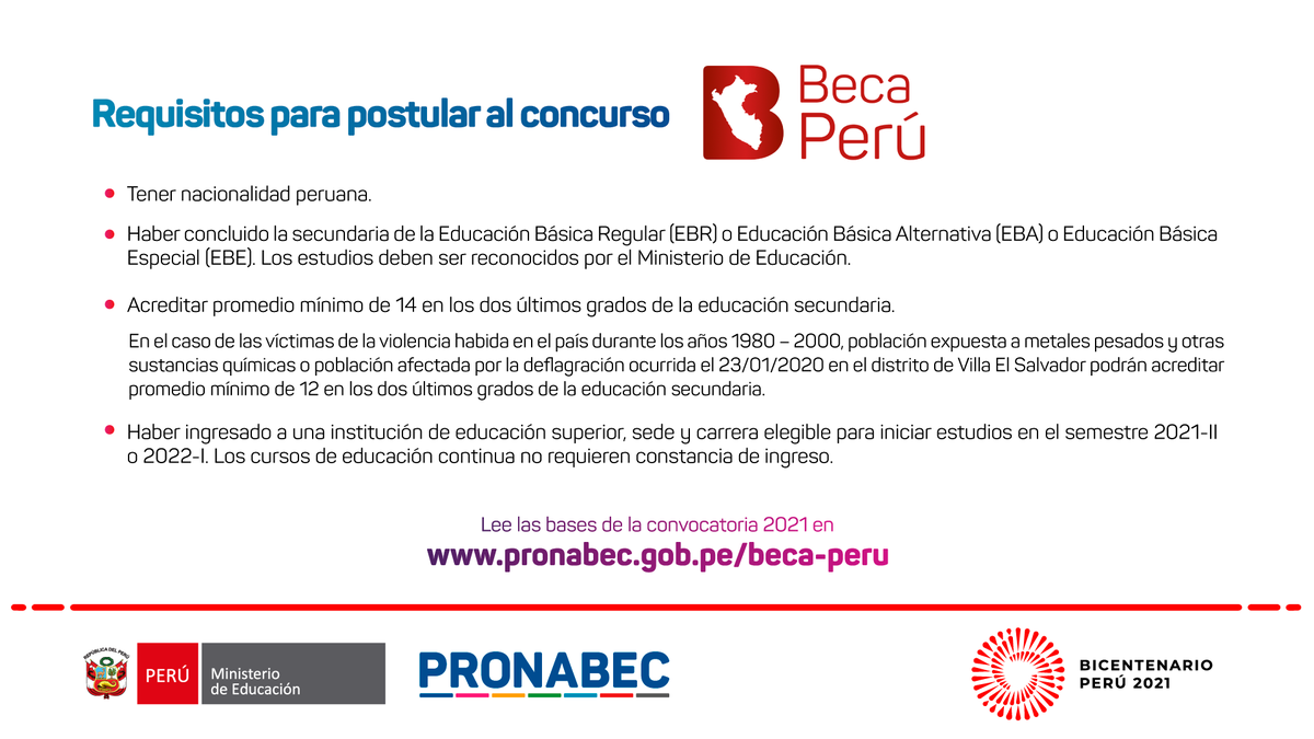 Pronabec's tweet photo. Si cumples con los requisitos del concurso Beca Perú 2021, recuerda que podrás postular al primer momento hasta el 9 de agosto. Más información aquí: https://t.co/WbIaF87CQj https://t.co/pRRD6FPvHK