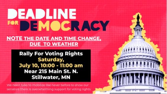 HEADS UP! it’s summer in Minnesota, and there’s weather to plan for and around. Change of date for the Tuesday 7/6 rally to 7/10. From the PM to 10am #DefendOurDemocracy #indivisiblestcv https://t.co/WcTxOiZoI7