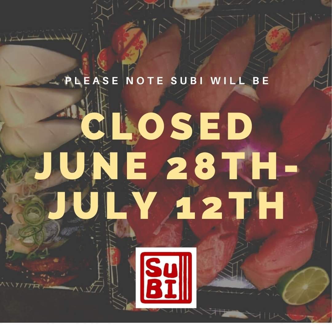 SuBIBainbridge's tweet photo. Please note SuBI will closed for summer break through July 12th. We will return to serving dinner 5 PM Tuesday, July 13th for take out and delivery. 🙏 #bainbridgeisland  #kitsap https://t.co/I7229hUwtg