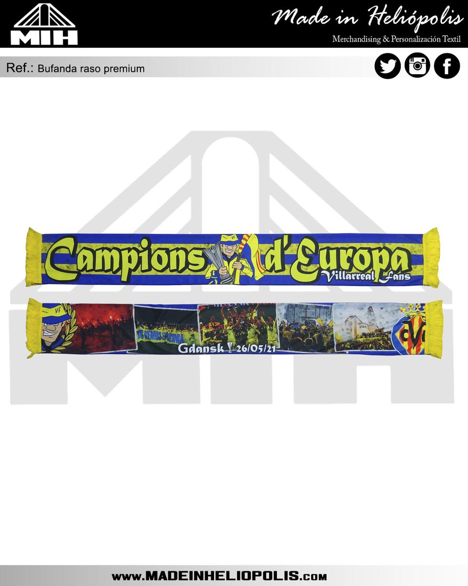 MIHeliopolis's tweet photo. Bufanda doble raso premium fabricada para @vfans1923 con motivo de la consecución de la copa de la UEFA. #MadeInHeliopolis #Serigrafia #Bordado #Vinilo #Sublimación #PersonalizacionTextil #Merchandising #Heliopolis #Sevilla #Villarreal #Fans https://t.co/mywz8kthH1