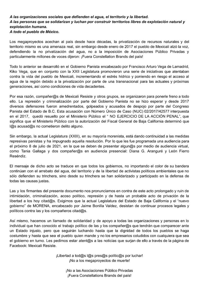RebelionMex's tweet photo. ¡Alto a la criminalización y persecución política contra #MexicaliResiste!
Les pedimos estar atent@s a lo que derive de este intento de intimidación y acoso político contra defensores del agua.
Si quieres sumar tu firma, envíala a: Aguaylibertad@outlook.com #QueremosAguaYLibertad https://t.co/GYB4HdSi0F
