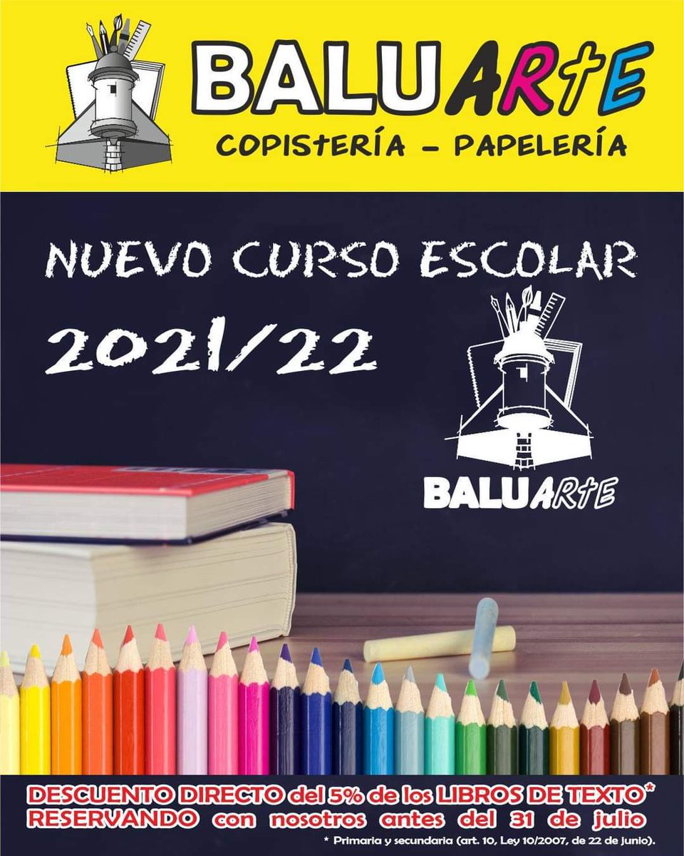 CopisteBaluarte's tweet image. 📣 Reserva tus libros de texto 📚 para la #vueltaalcole antes del 31de julio y podrás disfrutar de un 5️⃣ % de descuento 🔝

➡ Puedes realizar tus pedidos en nuestra tienda #BALUARTE situada en la Pl Cecilio Reino de Vargas nº 2, de Badajoz (junto al I.E.S. Bárbara de Braganza).