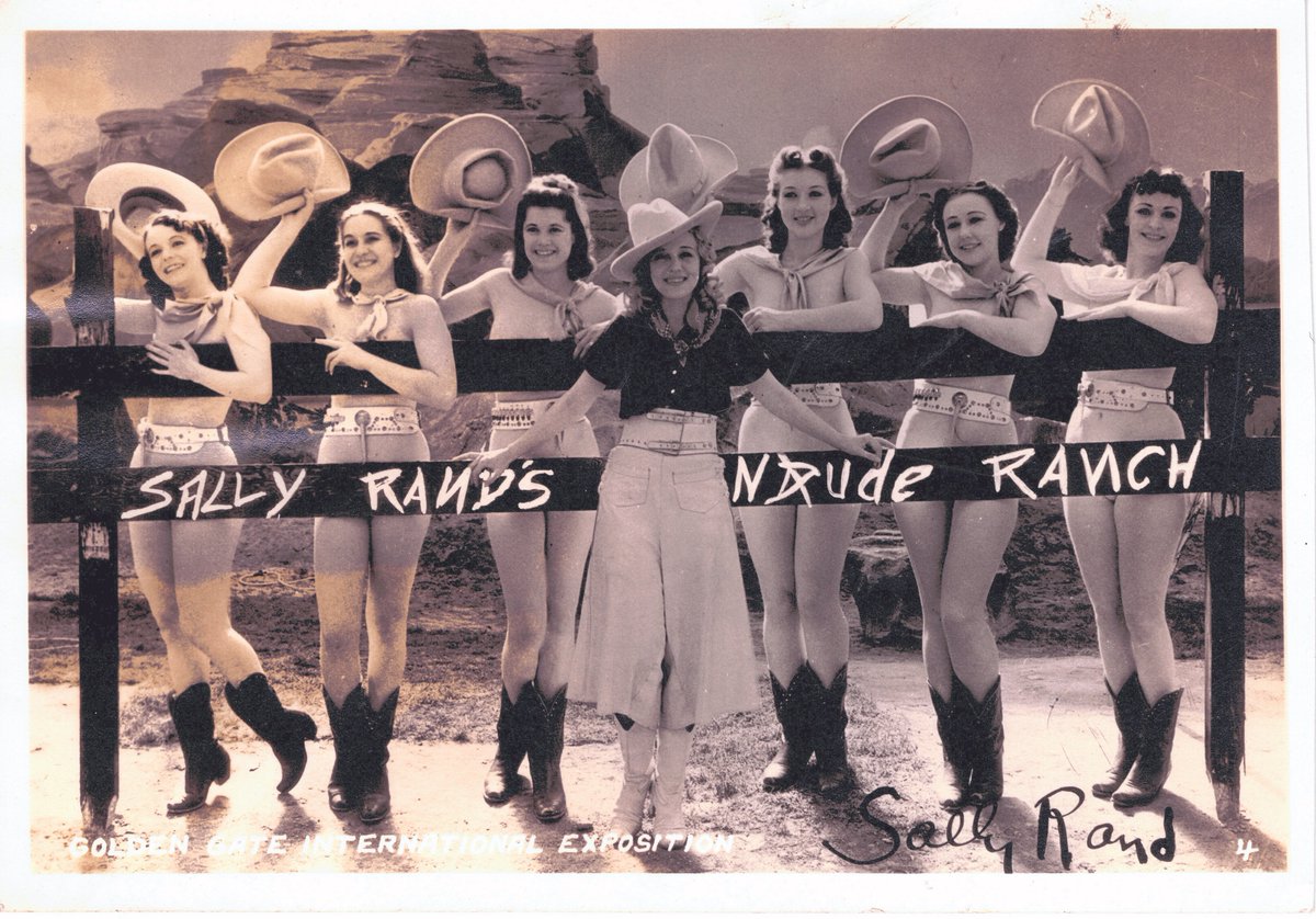 TIMuseum's tweet photo. Sally Rand, a notorious burlesque dancer and entertainer, scandalized the public with her production of “Sally Rand's Nude Ranch” at the 1939 Golden Gate International Exposition.  #burlesque #sfhistory #treasureislandmuseum https://t.co/TW1fveD2Ap