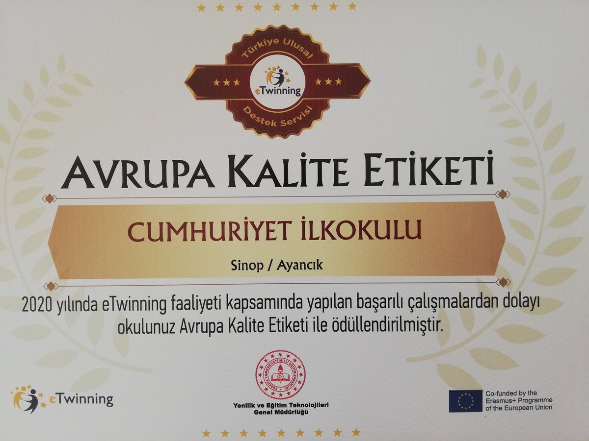 ayanc_ilkokulu's tweet photo. Okulumuz Ayancık Cumhuriyet İlkokulu 2020 yılı eTwinning Avrupa Kalite Etiketi ile ödüllendirilmiştir. Emeği geçen öğretmenlerimize ve öğrencilerimize teşekkür ederiz. Nuray Aslan Hatice Koç Çanakçı Hande Çakmak Altınel Pınar Gül Süreyya Macar @YLDZercan1957 @halitnihat https://t.co/TvX0Gr5p6K