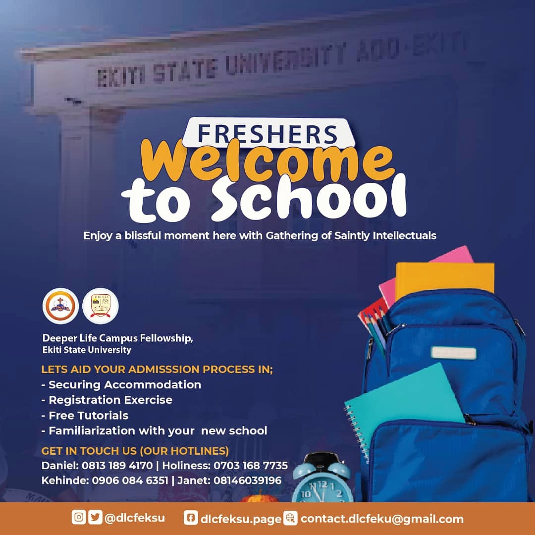 dlcfeksu's tweet photo. Our saintly and warm welcome from us to all Ekiti State University newly admitted students.
As gathering of saintly intellectuals... We are committed making your spiritual and academic welfare our concern.
Welcome to EKSU
#dlcfeksu #SaintlyIntellectuals #eksu #eksuites https://t.co/LwdBaSRe58