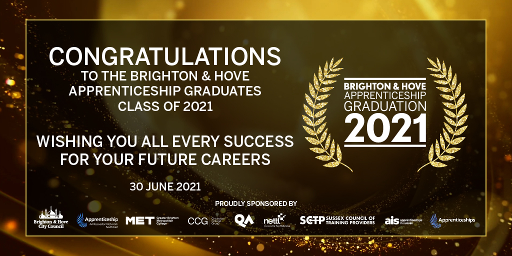 sctp_network's tweet photo. Congratulations to all the graduates at the Brighton & Hove Apprenticeship Ceremony. Wishing you every success in your future careers
@BrightonHoveCC @GBMETcoll @Chi_College @QA_Ltd @facemediagroup @NetworkSeaa #AppGrad2021 #apprenticeships https://t.co/qS7dwo7Qpy