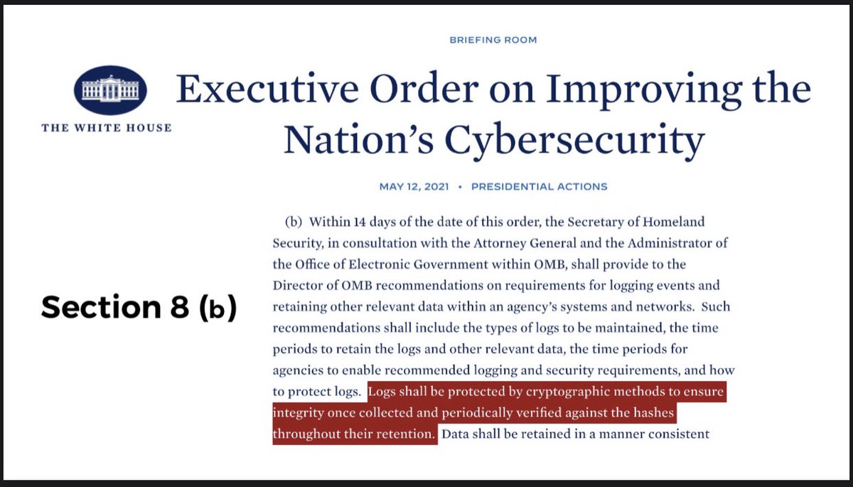 Great list of adversarial defense evasion techniques listed. But it’s a logging article after all, so let’s not forget the most obvious TTP of all - log tampering via wiping or timestomping

New @WhiteHouse CyberSecurity Executive Order mandates log integrity monitoring (Sec8b)