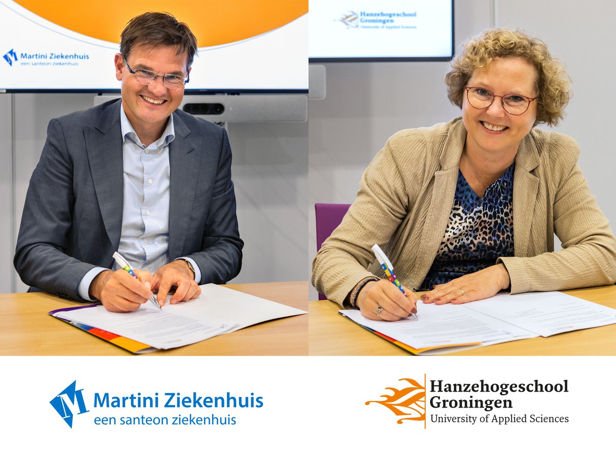 Zojuist tekenden André Postema <a href="/postematweet/">Postematweet</a> <a href="/MartiniHospital/">Martini Ziekenhuis</a> en @PetraSmeets2 <a href="/hanze/">Hanze</a> een nieuwe samenwerkingsconvenant. Met aandacht voor onderzoek en ontwikkeling, huisvesting en facilitaire voorzieningen en onderwijs. Lees meer: bit.ly/3yqY9ZC