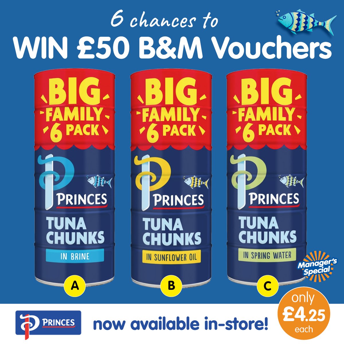 bmstores's tweet image. 🐟#COMPETITION TIME🐟

We've teamed with #PrincesTuna to giveaway SIX chances to #WIN £50 worth of B&amp;amp;M vouchers to celebrate them being part of our latest Manager's Specials!

For a chance to WIN, simply FOLLOW/RT &amp;amp; COMMENT WHICH you'd pick-A, B or C?

Competition ends 9am 9/7/21