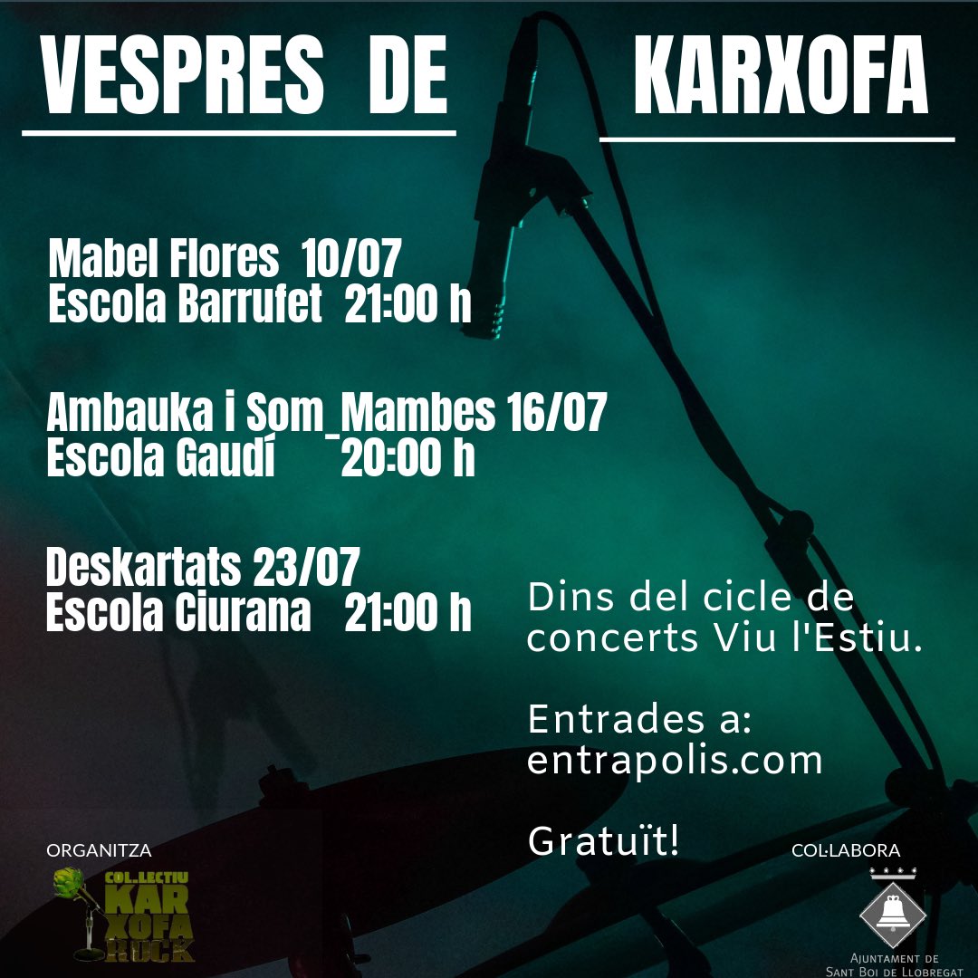 Aquest estiu torna el Karxofa!! Adaptem el format del festival degut a les actuals restriccions. Concerts programats a diferents escoles de la ciutat. Comencem els “Vespres del Karxofa” amb la <a href="/MabelFlores_/">Mabel Flores</a>  gratuït:

entrapolis.com/entradas/viu-l…