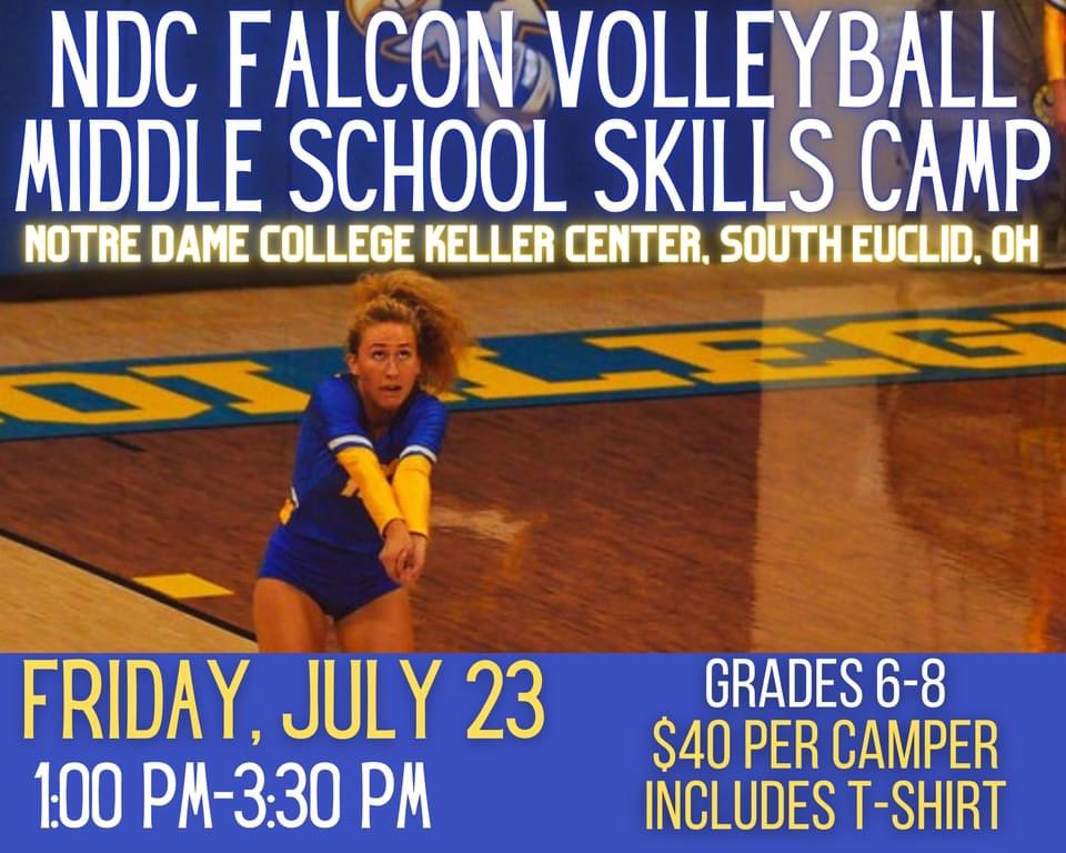 Just a reminder our HS Elite Volleyball Camp and Middle School Camps on July 23 still have openings!  Camps are ran by the NDCVB coaching staff and players!  For more info go to notredamefalcons.com/sports/womens-… and click on the Volleyball Camps tab to register and for more info!