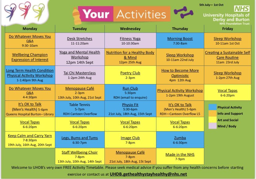 NEW ACTIVITY TIMETABLE ALERT 🗣🗣👇 
Your wellbeing team have created you a new timetable of activities to BOOST your physical, social &amp; mental health. 
Access the timetable through your local Wellbeing champion, Neti or download our Outlook calendar

#TeamUHDB #UHDBWellbeing