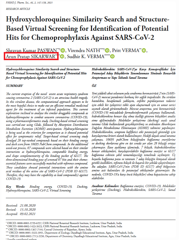 arunlovy's tweet photo. One of our recent research publications-
"#Hydroxychloroquine: Similarity Search and Structure-Based Virtual Screening for Identification of Potential Hits for #Chemoprophylaxis Against SARS-CoV-2" in the Journal "#FABAD Journal of #Pharmaceutical #Sciences".
@aiims_newdelhi https://t.co/95u94mZdeS