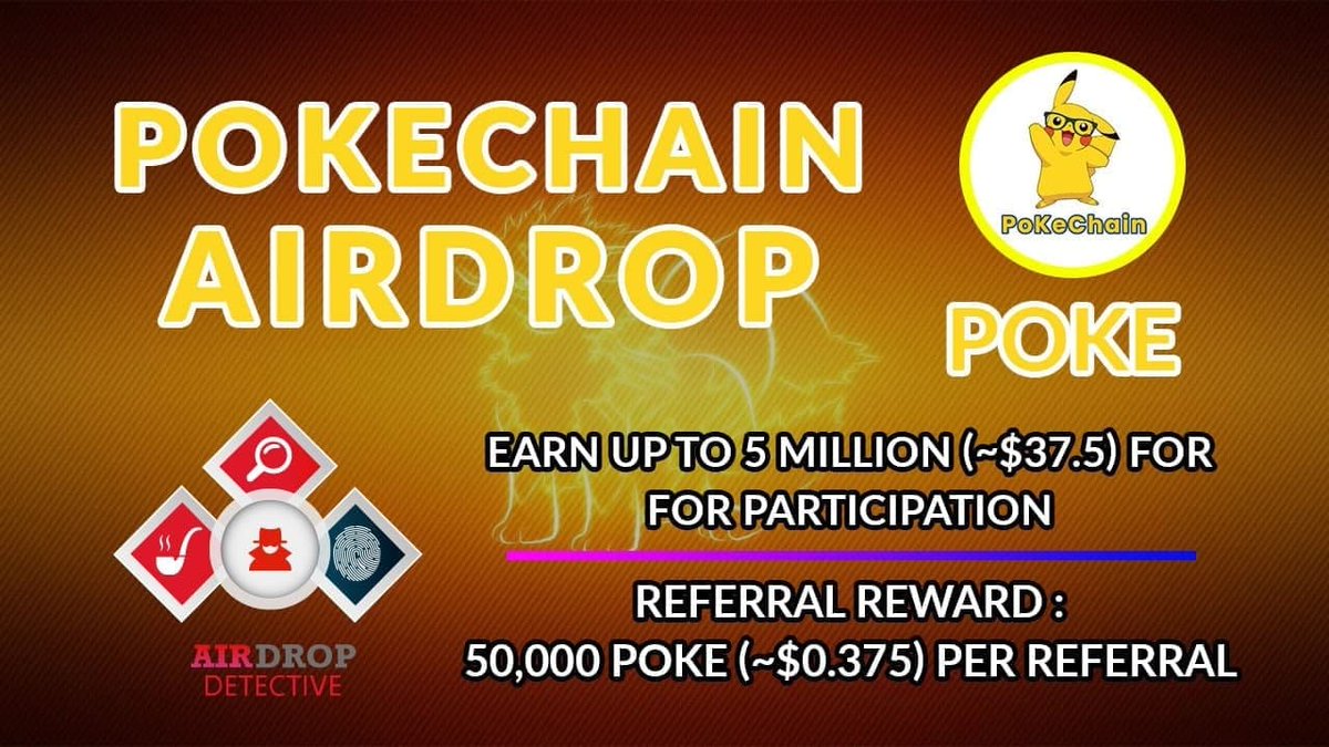 🔍 New #Airdrop: Pokechain

💲 Reward: Up to 5M POKE [~$37.5] + 50K POKE per referral

🔴 Start the airdrop bot: t.me/PokechainNewRo…

🔘 Do the tasks on the bot &amp; submit your data

🔘 Details: youtu.be/lAjriVYpS_0

#Airdrops #AirdropDetective #BSC #POKE #Pokechain #Bitcoin