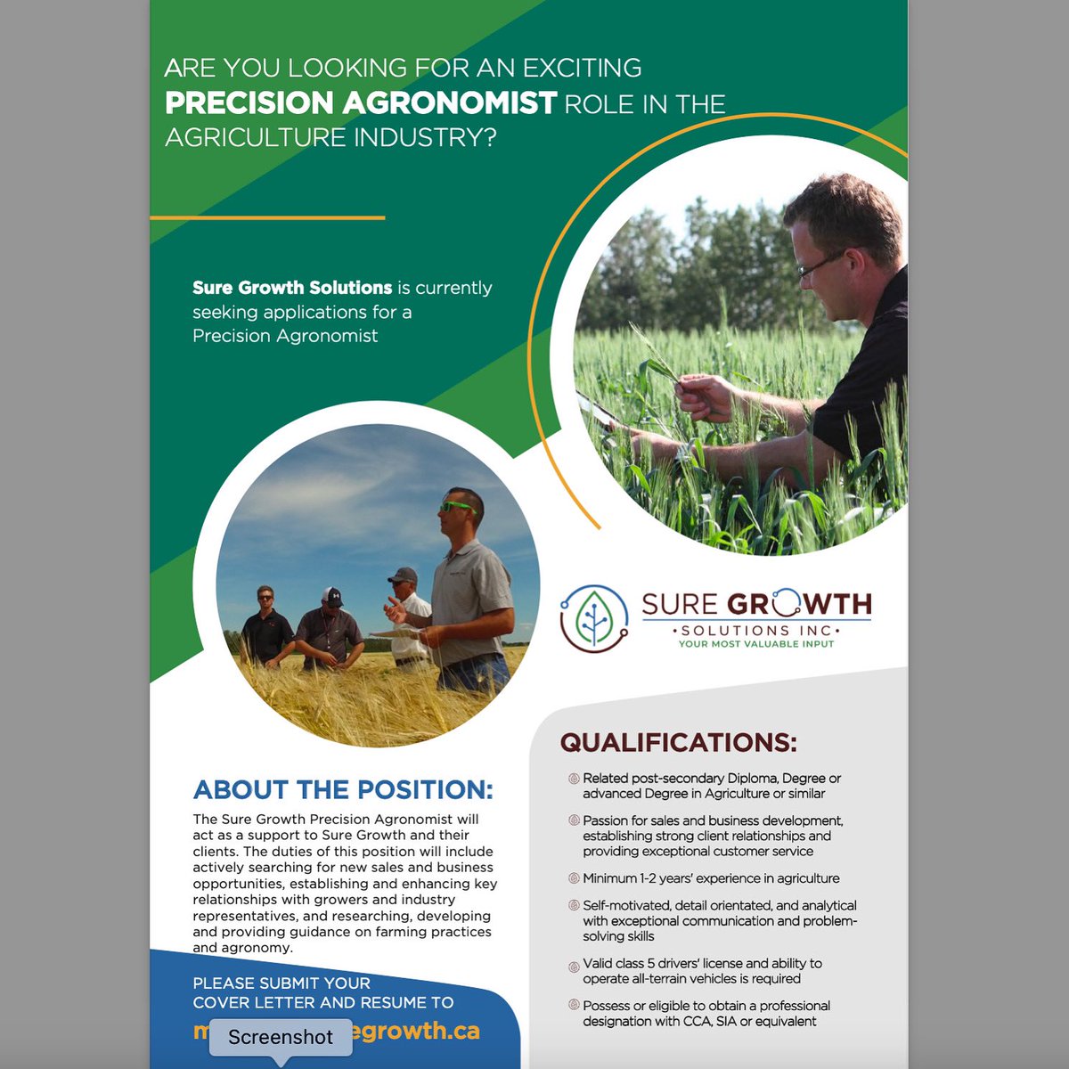 If you or someone you know is looking for an exciting new opportunity let us know.  We are looking to continue to grow our <a href="/SureGrowth_SGS/">Sure Growth Solutions Inc.</a> team and add another great addition to our roster.  #growingagricultureforward #ag #agcareers #yourmostvaluableinput