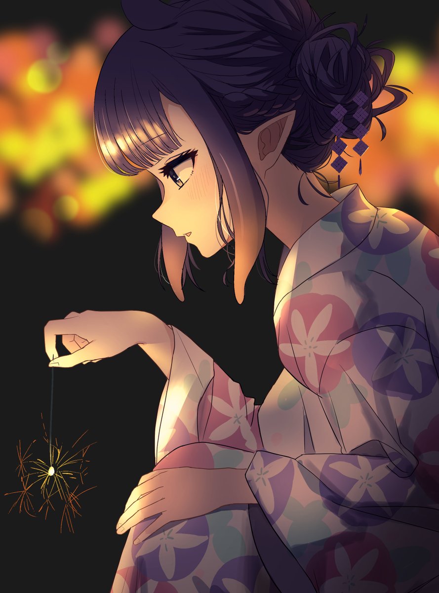 ninomae ina'nis 1girl pointy ears solo japanese clothes fireworks sidelocks kimono  illustration images