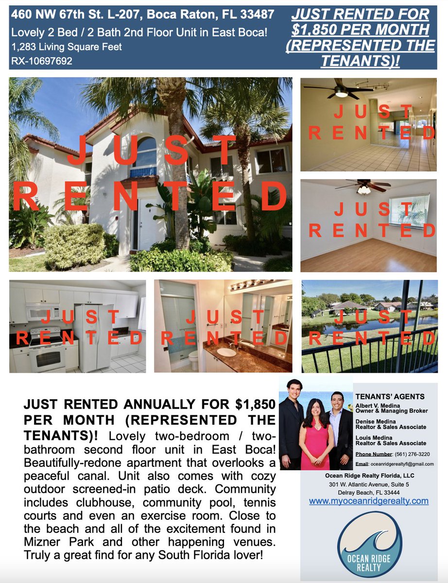 AlMedinaEsq_ORR's tweet photo. JUST RENTED ANNUALLY FOR $1850 PER MO. (REP'D TENANTS)!
460 NW 67th St. L-207 Boca Raton FL 33487
MLS# RX-10697692
Lovely 2 Bed / 2 Bath 2nd Flr. Unit in East Boca!
CONTACT US TODAY!
#justrented #annualrentals #canalfront #bocaraton #SanDeVance https://t.co/KnyPrEMk3s