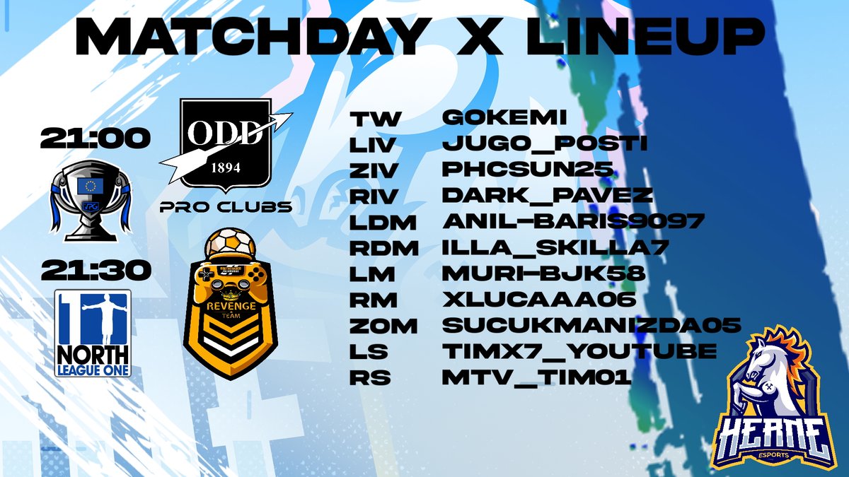🟡🔵#matchday🔵🟡
<a href="/OfficialVPG/">Virtual Pro Gaming</a> <a href="/VPGEurope/">Virtual Pro Gaming | Europe</a>  

🏆VPG eSports Cup 
🆚Odd Esports
⏰21:30 
m.twitch.tv/herneesport

🏆VPG EU L1 North
🆚Revenge Team
⏰22:00
m.twitch.tv/herneesport
Auf geht’s Herne💛💙

#herne
#aufgehtsherne
