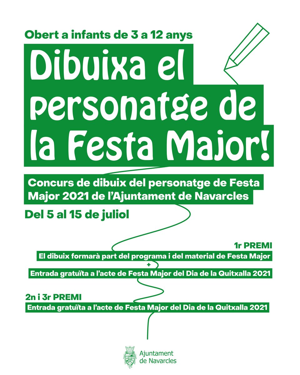 ajnavarcles's tweet photo. ✏️ Vols dibuixar el personatge de la Festa Major 2021 de #Navarcles? 🎉

‼️ Participa en el concurs de dibuix infantil que organitza l'Ajuntament del 5 al 15 de juliol. 

➡️ Obert a infants de 3 a 12 anys.

📄 Consulta les bases a la web ⤵️
https://t.co/3zlgZSEXO5 https://t.co/8ybX7r2Unb