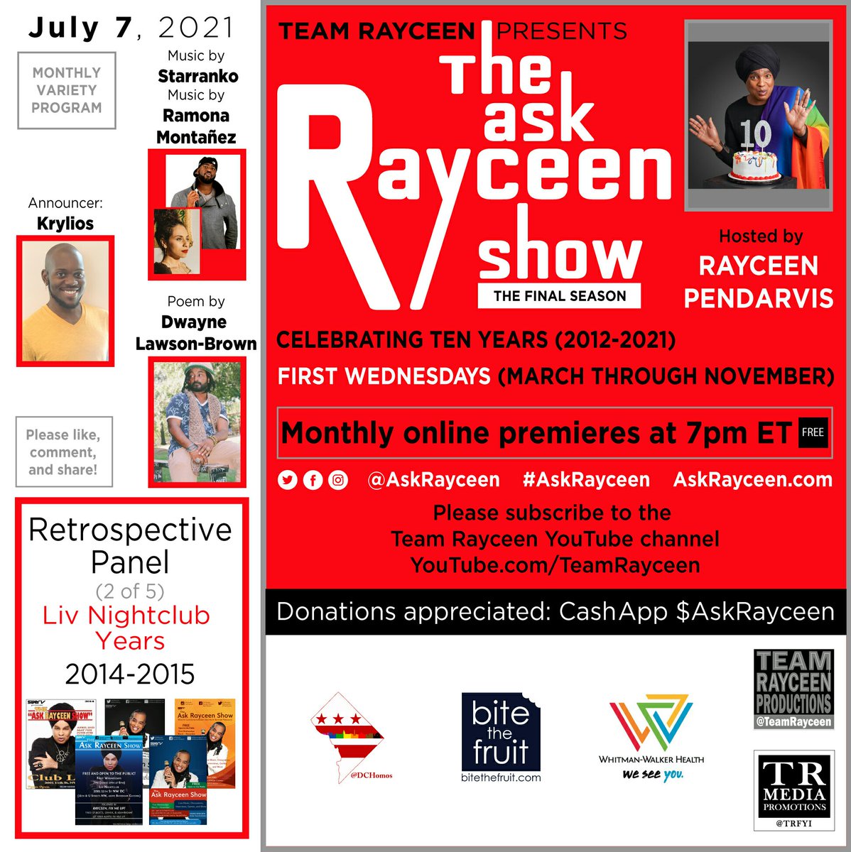 AskRayceen's tweet photo. Wednesday, July 7: July edition premiere
Music: @Starranko
Music: @musicxmona
Poetry: @crochetkingpin
Retrospective Panel: The Liv Nightclub Years
Announcer: @itskrylios
Host: @RayceenHRH
🆓 
#AskRayceen 🎂
Online premiere at 7pm Eastern Time
⬇
https://t.co/1AFffDVuew https://t.co/jNU9dtLPSX