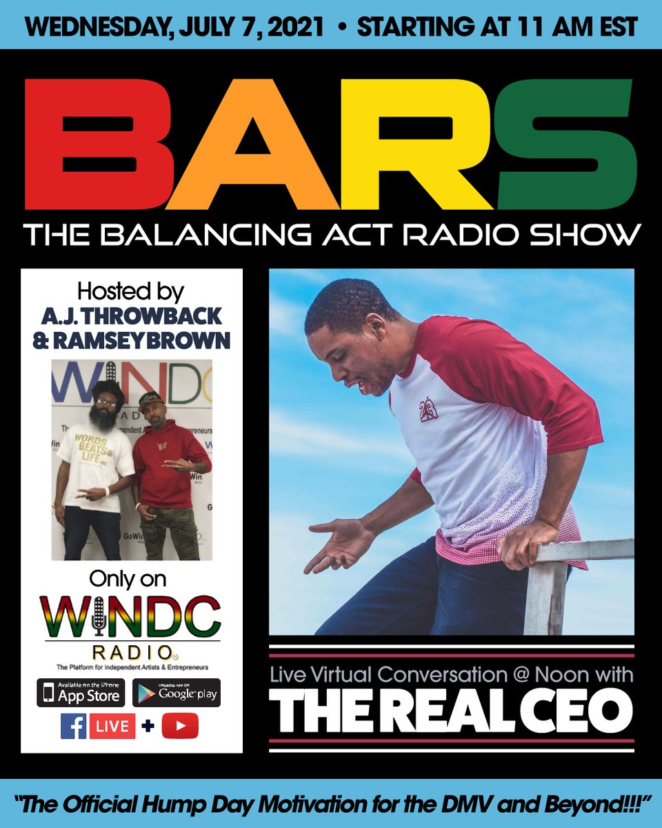 Please join us this week for #BARS #HomeGameEdition w/ <a href="/AJThrowback/">A.J. Throwback</a> x <a href="/PHAR110/">Ramsey Brown</a> x special guests #YmanDog x @TheRealCEO5 only on <a href="/WINDCRadio/">WINDCRadio</a> via #FacebookLive x #YouTubeLive powered by <a href="/GoWinMedia/">GoWin Media LLC</a> 🔥🔥🔥🔥🔥!!! #TeamBARS❤️🧡💛💚 #HumpDayMotivation #DMV #hiphop #indiemusic