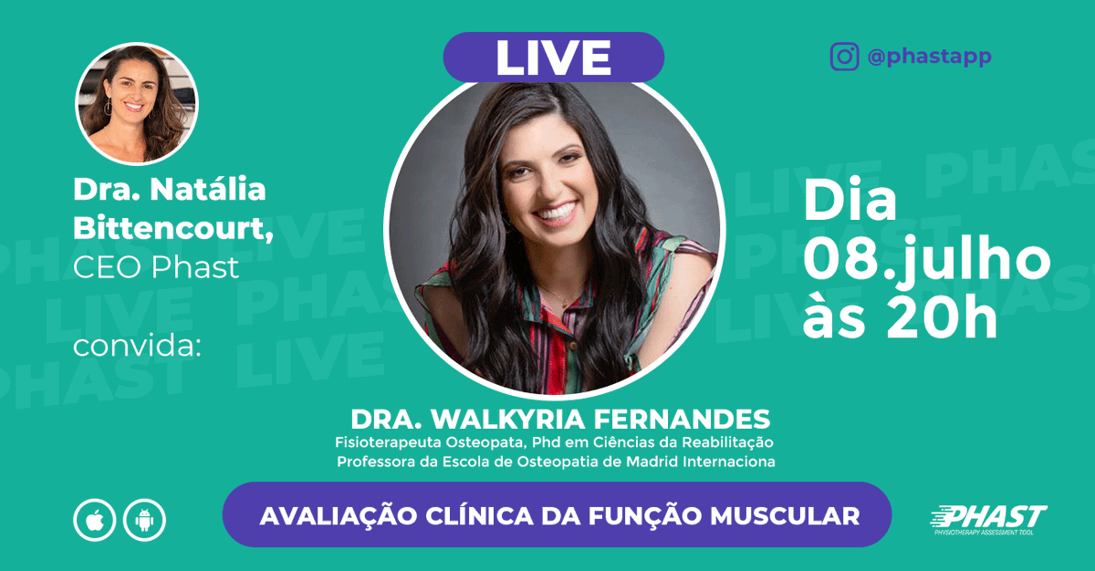 PhastApp's tweet photo. Prepare-se para a live da semana!
@drawalkyria_fernandes e @nataliabittencourt_fisio estarão juntas na próxima quinta-feira, dia 8, para mostrar o caminho para o Raciocínio Clínico na Avaliação
#phastapp #physiotherapy #fisioterapia #fisioterapiaesportiva #raciocinioclinico https://t.co/VTXbLu5A8N