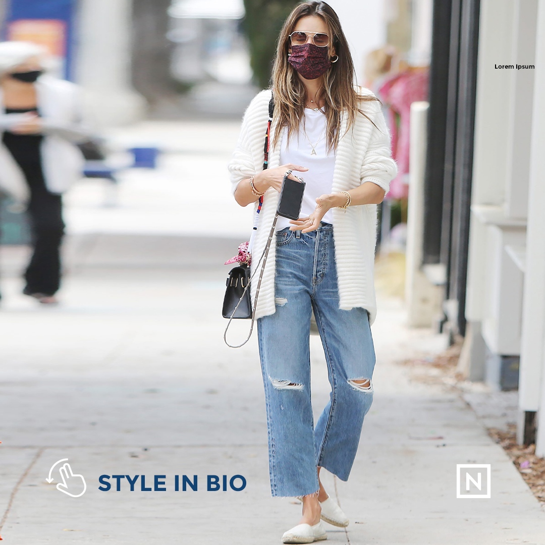 The Nines on X: Alessandra Ambrosio seen wearingwhite Open Cardigan from  Maje, High Rise Ankle Straight Jeans from Ética ($158), White Micro Clous  Espadrilles from Saint Laurent and Gold Artesia Sunglasses from