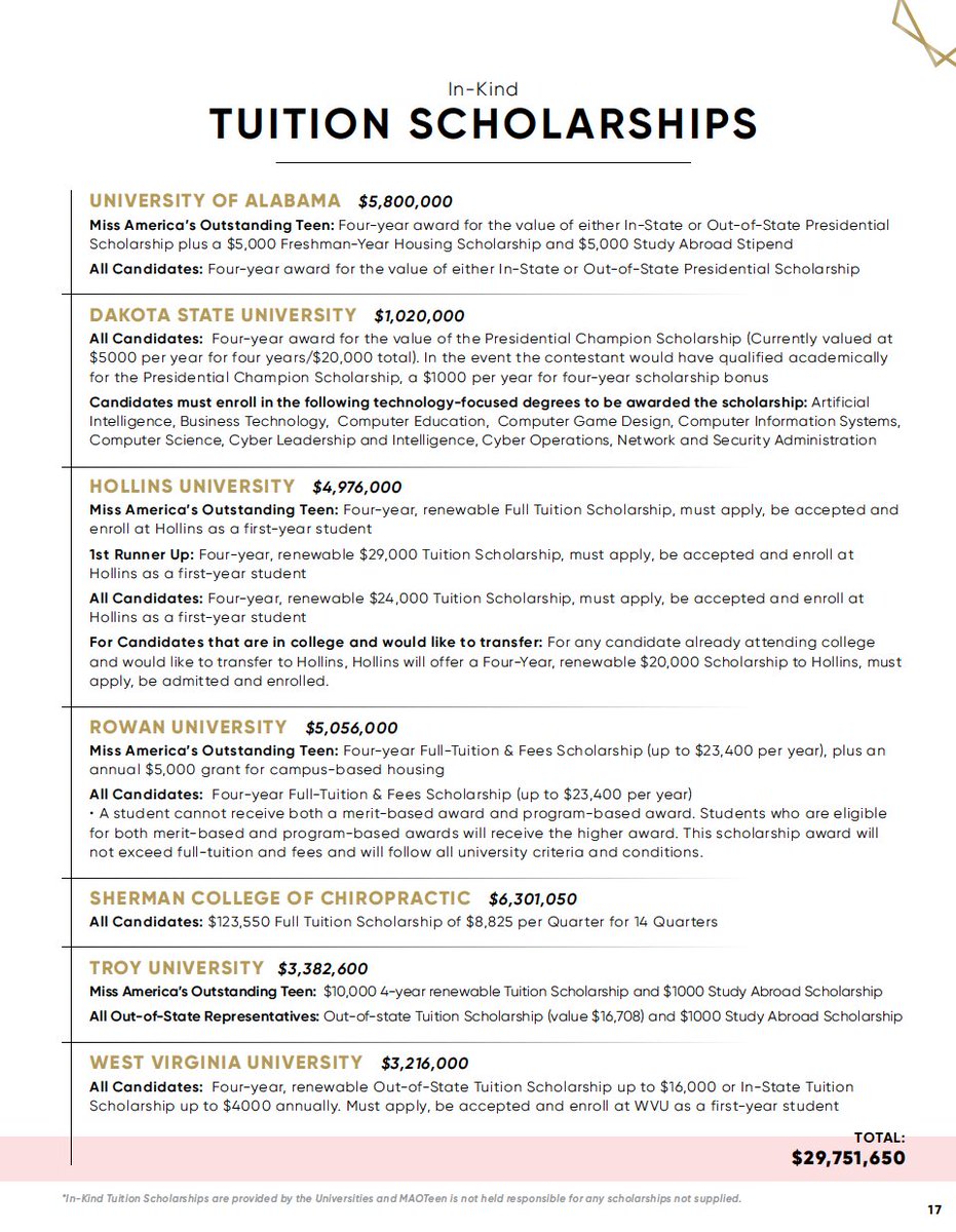 The Miss America Organization is THRILLED to announce over $29 million of in-kind tuition scholarships will be made available to the National Candidates in the 2021 Miss America’s Outstanding Teen Competition! 🎓 #MAOTeen #MAO #MissAmerica #Scholarships
