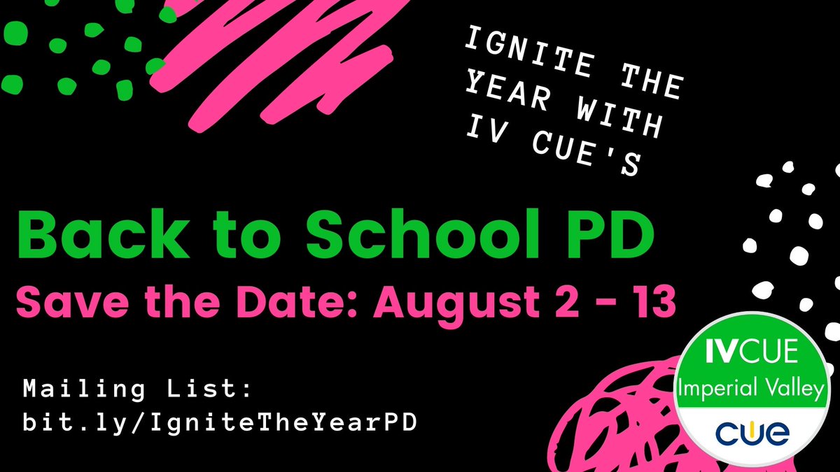 IV_CUE's tweet photo. Happy July!

The #IVCUE team is gearing for the new year. Join us in August and ignite the year with us! We're excited to learn with all of you! 

SAVE THE DATE . . . 

Back to School PD: August 2 - 13, 2021

Mailing list here --> https://t.co/KiaMmA8ByK

#CUE #WeAreCUE #SomosCUE https://t.co/yhbGl2EYiY