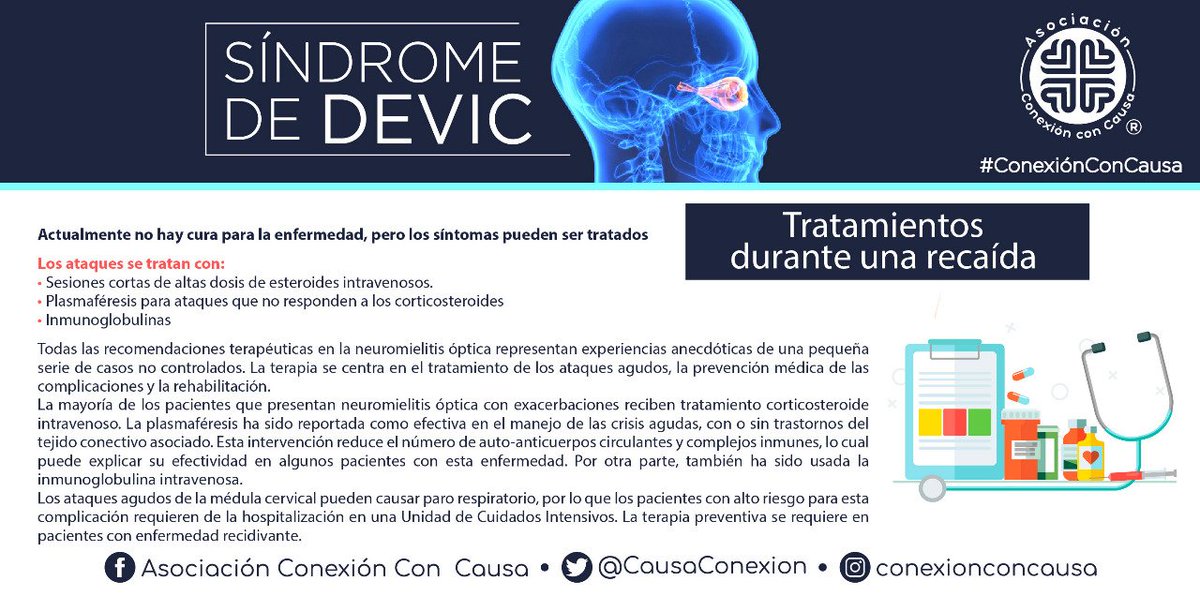 Actualmente para el Síndrome de Devic no se conoce una cura como tal, sin embargo hay tratamientos que ayudan a disminuir los síntomas .

#ConexionConCausa 
#NMO